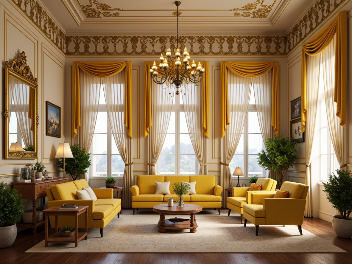 Prompt: Vibrant yellow accents, ornate gold details, soft cream walls, rich velvet fabrics, intricate carvings, luxurious furnishings, lavish chandeliers, grandiose mirrors, Baroque-inspired architecture, opulent drapery, delicate lace trim, subtle pastel hues, warm candlelight, shallow depth of field, 1/2 composition, realistic textures, ambient occlusion.