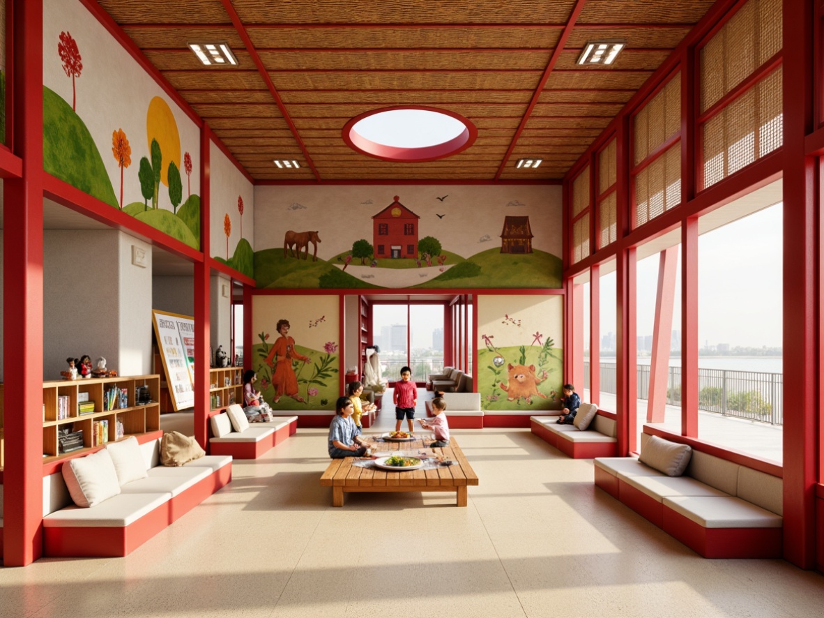 Prompt: Vibrant kindergarten, playful Asian-inspired architecture, bold red accents, natural wood tones, textured stone walls, soft pastel colors, whimsical murals, traditional Japanese shoji screens, sliding rice paper doors, intricate wooden carvings, colorful ceramic tiles, woven bamboo ceilings, warm beige flooring, cozy reading nooks, circular windows, gentle diffused lighting, 1/1 composition, shallow depth of field, realistic textures.