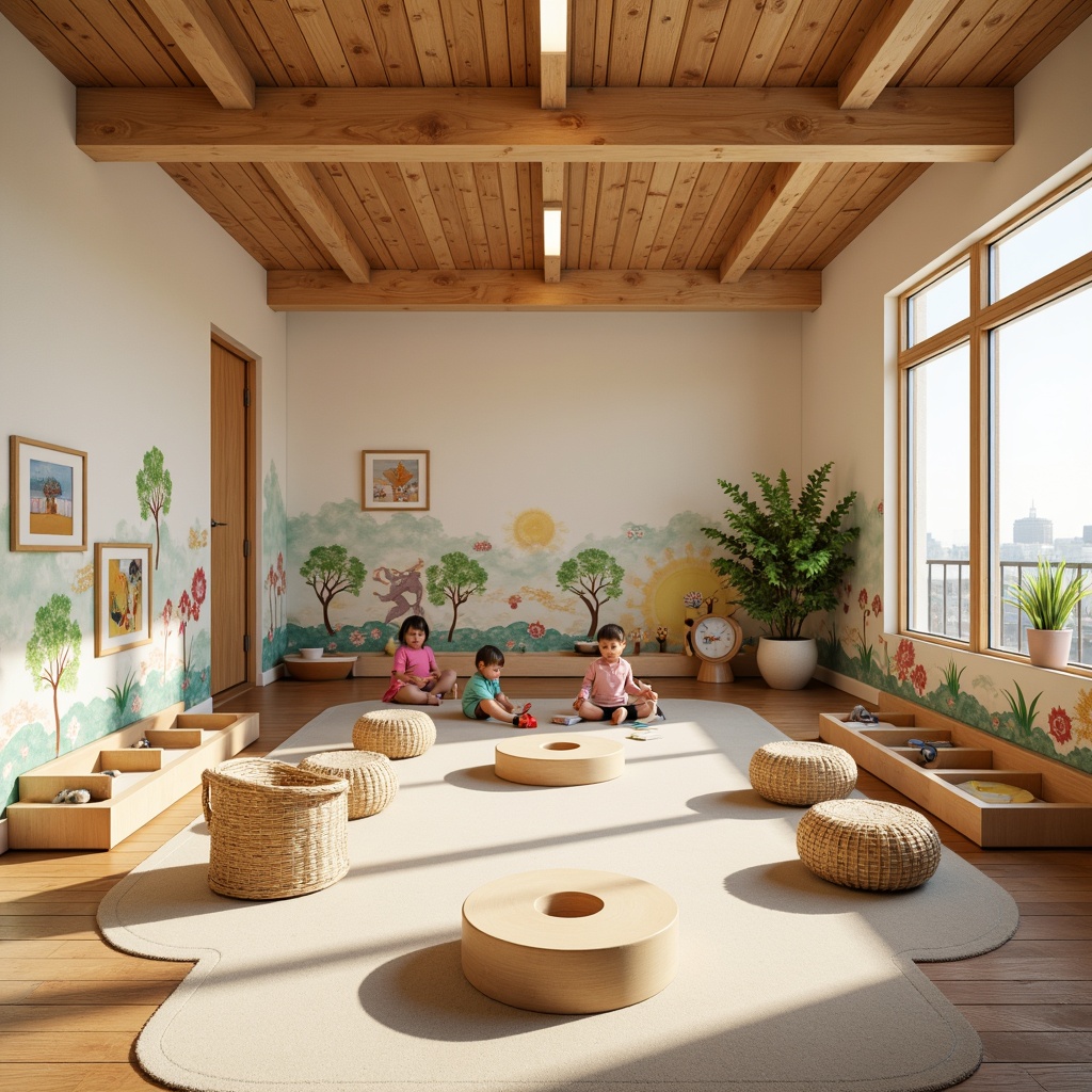 Prompt: Minimalist kindergarten interior, natural wood accents, soft pastel colors, woven bamboo furniture, cushioned seating areas, educational wall decals, vibrant cultural patterns, traditional Asian motifs, circular activity tables, cozy reading nooks, playful storage bins, safety-approved materials, rounded edges, gentle warm lighting, shallow depth of field, 1/1 composition, panoramic view, realistic textures, ambient occlusion.