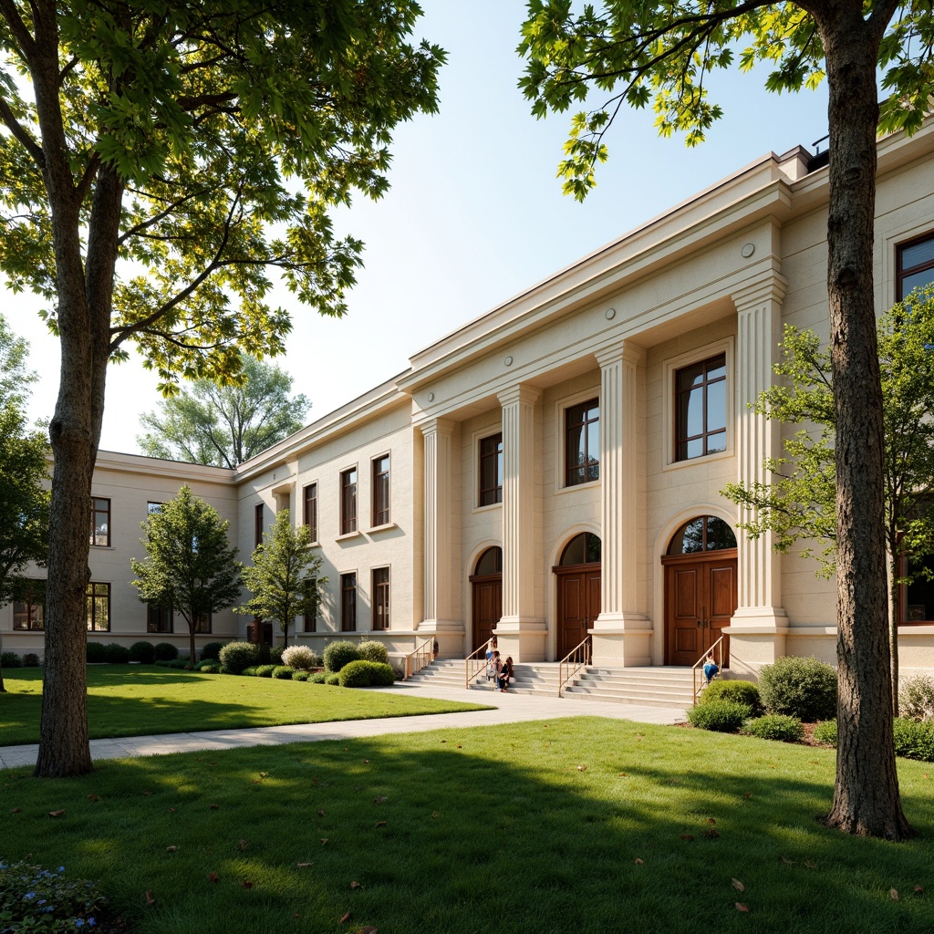 Prompt: Grand middle school building, neoclassical architecture, imposing columns, symmetrical fa\u00e7ade, ornate details, cream-colored stone walls, large windows with arches, wooden doors with bronze handles, sprawling green lawns, mature trees with spreading canopies, sunny afternoon, soft warm lighting, shallow depth of field, 3/4 composition, panoramic view, realistic textures, ambient occlusion.