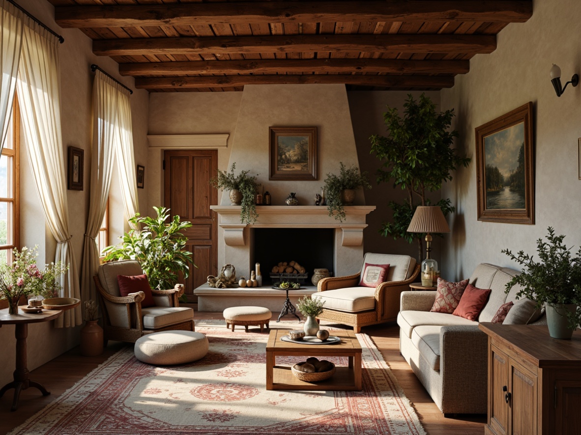 Prompt: Rustic countryside, vintage distressed wood, soft warm lighting, romantic florals, toile de Jouy fabrics, natural linen textiles, earthy terracotta tones, weathered stone walls, elegant lace trim, subtle stripes patterns, muted palettes, antique furnishings, ornate metal accents, refined velvet upholstery, plush woven rugs, serene ambiance, 1/1 composition, shallow depth of field, soft focus, warm color grading.