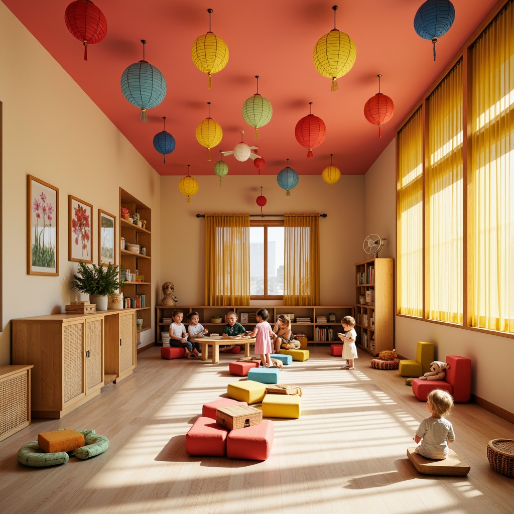 Prompt: Vibrant kindergarten interior, Asian-inspired decor, colorful lanterns, traditional Shoji screens, natural wood accents, woven bamboo furniture, playful toy corners, educational wall art, soft cushions, cozy reading nooks, warm beige flooring, lively coral pink walls, sunny yellow curtains, gentle cream-colored ceilings, modern minimalist shelves, decorative fans, circular tables, comfortable seating areas, softbox lighting, shallow depth of field, 1/1 composition, realistic textures.