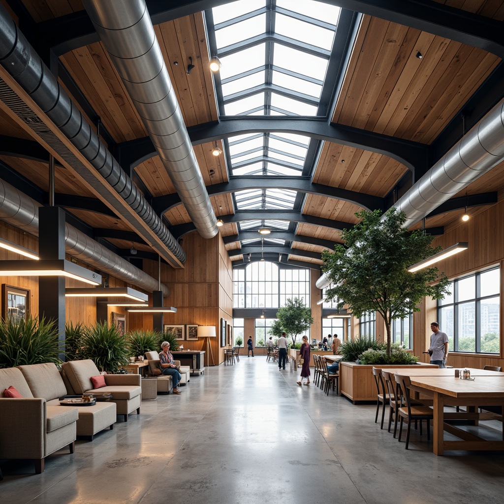 Prompt: Industrial warehouse interior, Scandinavian minimalism, high ceilings, exposed ductwork, polished concrete floors, steel beams, wooden accents, functional lighting fixtures, suspended linear lamps, metal shades, warm white light, soft indirect illumination, 1/1 composition, shallow depth of field, realistic textures, ambient occlusion, natural daylight pouring through skylights, clerestory windows, Nordic-inspired decor, minimal color palette, functionality-driven design.