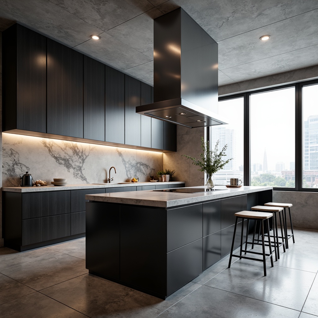 Prompt: Sleek kitchen island, modern cabinetry, stainless steel appliances, induction cooktop, wall-mounted range hood, quartz countertops, minimalist backsplash, under-cabinet lighting, polished chrome fixtures, monochromatic color scheme, high-gloss finish, geometric patterns, urban loft atmosphere, natural light pouring in, soft focus, 1/1 composition, realistic reflections.