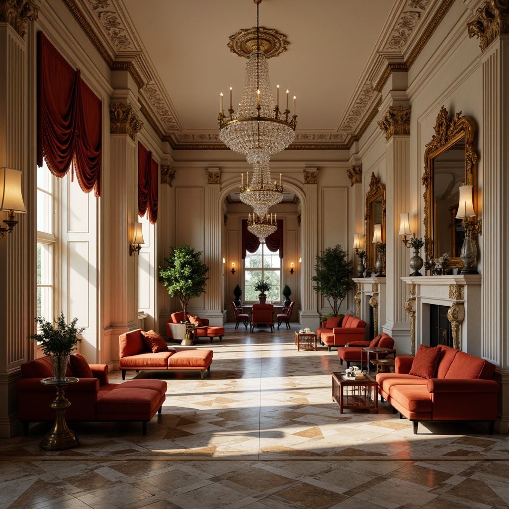 Prompt: Elegant velvet sofas, ornate wooden armchairs, intricately carved mahogany coffee tables, luxurious silk drapes, gilded mirrors, crystal chandeliers, refined marble floors, soft warm lighting, classic columns, archways, pediments, grand scale, symmetrical composition, 1/1 ratio, realistic textures, ambient occlusion.