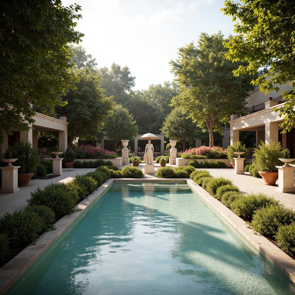 Prompt: Elegant swimming pool, ornate fountains, symmetrical gardens, lush greenery, vibrant flowers, sculpted hedges, natural stone pathways, marble statues, classical columns, archaic urns, refined water features, serene ambiance, warm sunny day, soft golden lighting, shallow depth of field, 3/4 composition, panoramic view, realistic textures, ambient occlusion.