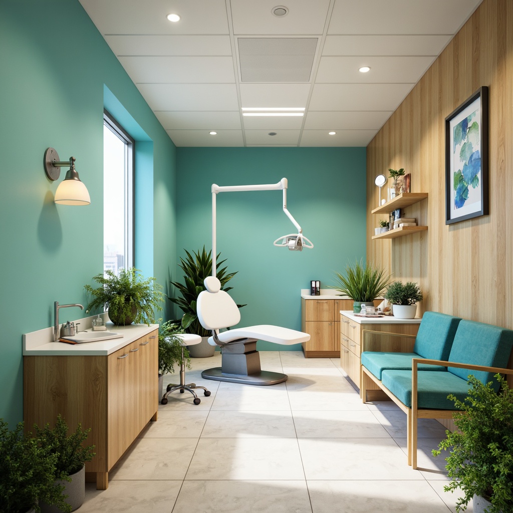 Prompt: Calming dental clinic, soothing blue-green hues, creamy whites, gentle wood tones, sterile stainless steel surfaces, soft indirect lighting, minimalist decor, comfortable waiting area, lush green plants, natural stone flooring, modern furniture designs, sleek metal accents, subtle texture patterns, shallow depth of field, 1/1 composition, realistic renderings, ambient occlusion.