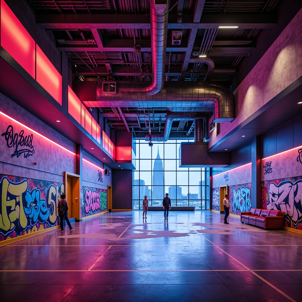 Prompt: Vibrant gymnasium interior, postmodernist architecture, bold geometric shapes, bright neon colors, eclectic mix of materials, industrial steel beams, exposed ductwork, polished concrete floors, colorful graffiti murals, abstract artistic patterns, dynamic LED lighting, urban cityscape views, atmospheric fog effects, shallow depth of field, 1/2 composition, cinematic angles, gritty textures, ambient occlusion.