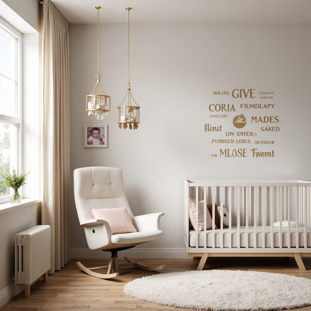 Prompt: Soft pastel colors, gentle nursery rhyme wall decals, plush area rug, comfortable glider rocker, white crib with gold hardware, delicate mobiles, cream-colored curtains, natural wood furniture, modern minimalist decor, soft warm lighting, cozy reading nook, framed baby photos, elegant vase with fresh flowers, subtle textured wallpaper, 1/1 composition, intimate atmosphere, realistic fabric textures.