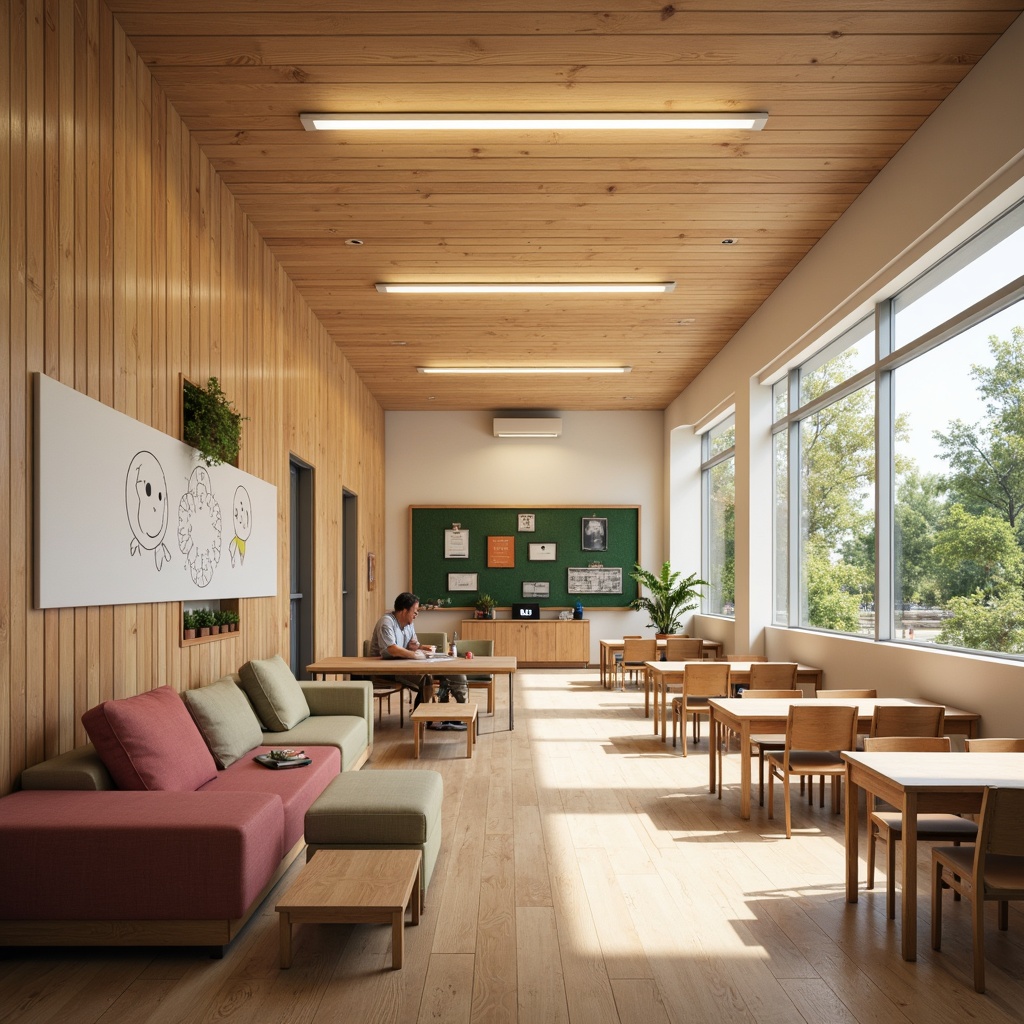 Prompt: Cozy classroom interior, warm wood tones, sound-absorbing panels, curved lines, minimal reverberation, optimal speaker placement, comfortable seating, collaborative learning spaces, natural light pouring in, soft pastel colors, acoustic ceiling tiles, interactive whiteboards, educational displays, ergonomic furniture, calm atmosphere, subtle background noise, 1/2 composition, shallow depth of field, realistic textures.