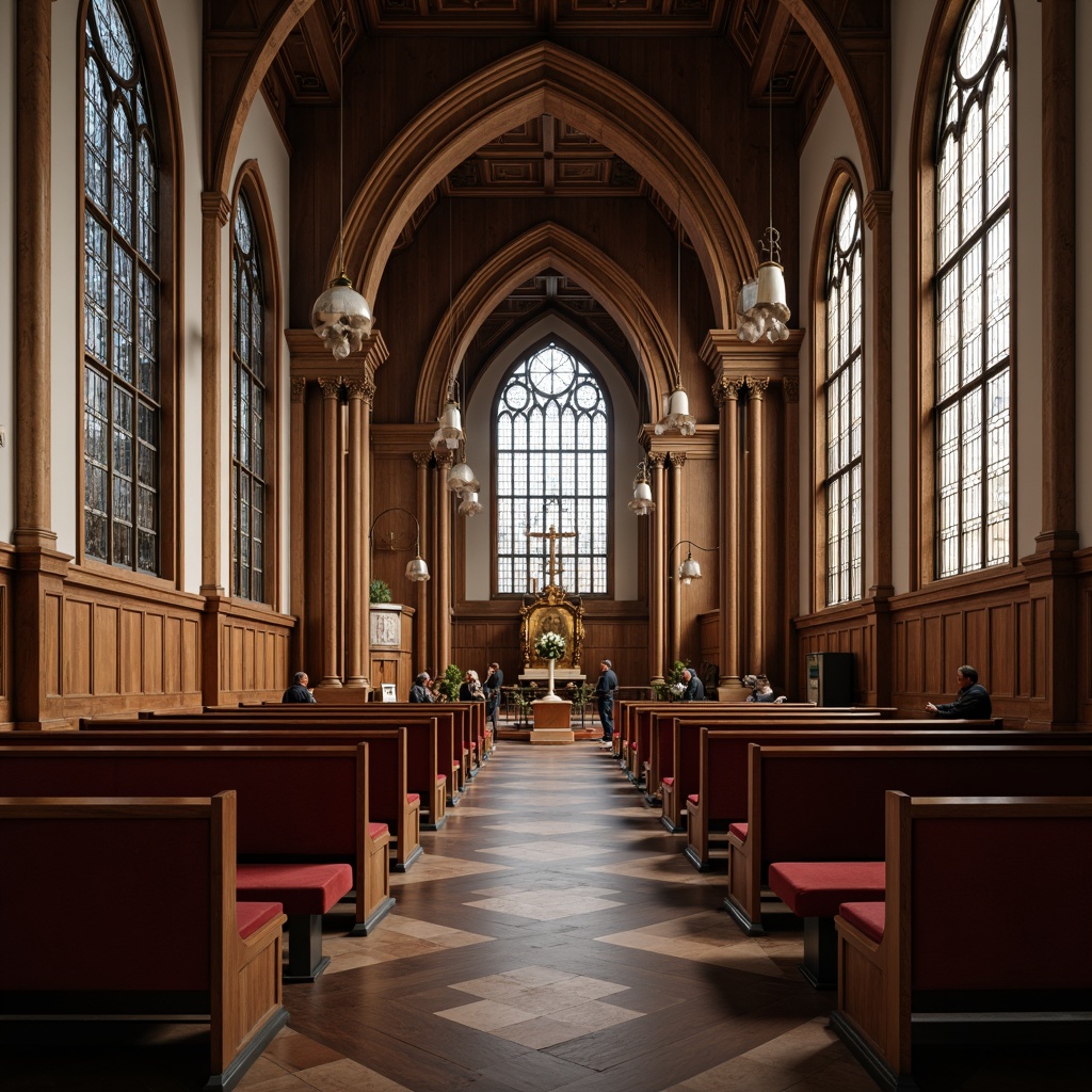 Prompt: Elegant worship hall, stained glass windows, ornate wooden pews, refined Gothic arches, subtle fusion of modern minimalism, sleek metal accents, plush velvet upholstery, rich walnut wood tones, subtle LED ambient lighting, shallow depth of field, 1/1 composition, soft warm glow, realistic textures, ambient occlusion.