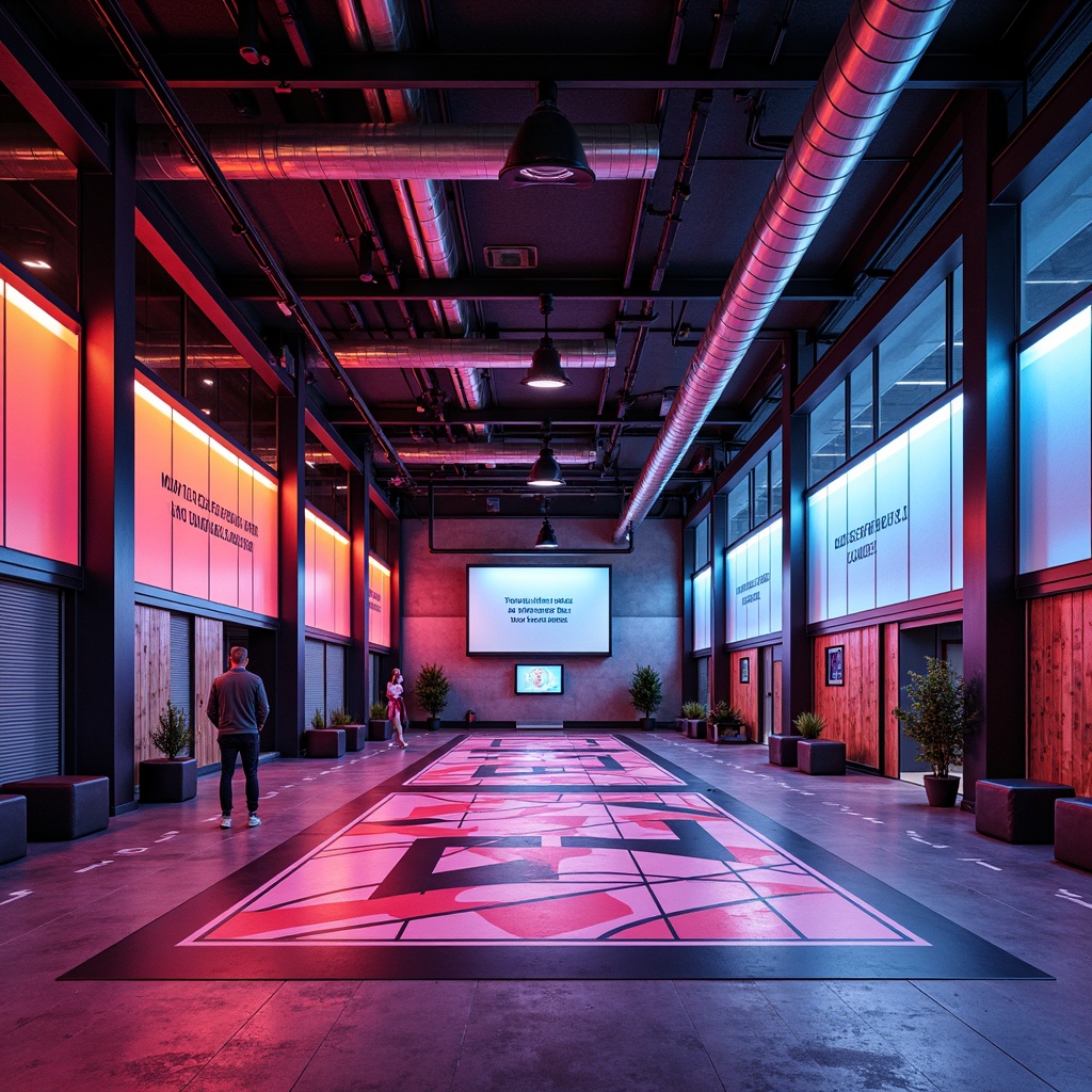 Prompt: Vibrant gymnasium interior, postmodernist architecture style, exposed ductwork, concrete floors, industrial metal beams, neon color accents, dynamic LED lighting, dramatic spotlights, softbox diffused lighting, high-contrast shadows, abstract geometric patterns, bold typography, eclectic mix of materials, reclaimed wood accents, polished steel surfaces, angular lines, fragmented forms, futuristic atmosphere, intense workout ambiance, overhead track lighting, suspended acoustic panels, athletic equipment silhouettes, motivational quotes on walls.