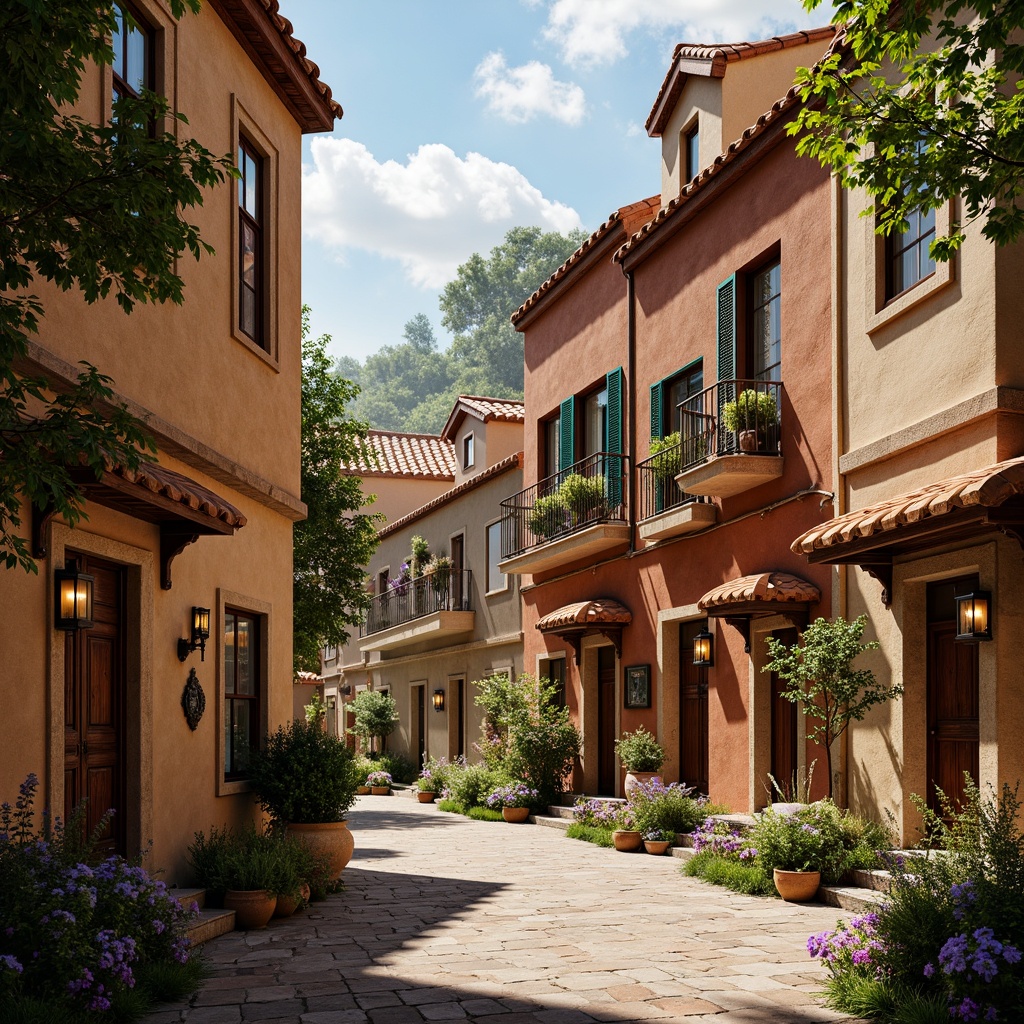 Prompt: Vibrant village scene, rustic wooden buildings, earthy tone walls, terracotta roof tiles, colorful window shutters, ornate doorways, lush greenery, blooming flowers, winding cobblestone streets, traditional lanterns, warm golden lighting, shallow depth of field, 1/1 composition, realistic textures, ambient occlusion, eclectic mix of patterns, intricate geometric motifs, distressed wood accents, vintage metal fixtures, ornate ceramic tiles.