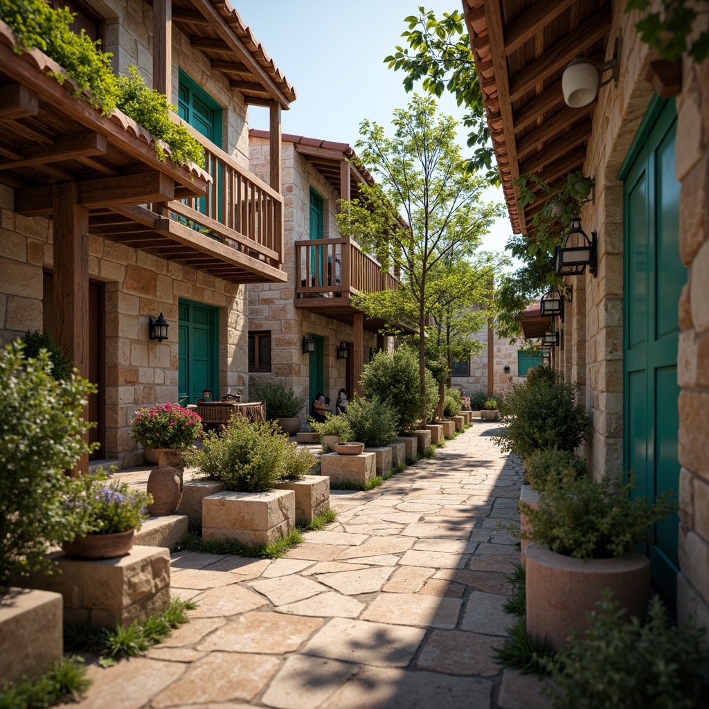 Prompt: Rustic village setting, earthy tones, vibrant turquoise accents, natural stone walls, wooden beams, terracotta roofs, lush greenery, flowering vines, distressed wood textures, ornate metalwork, colorful ceramics, intricate tile patterns, warm golden lighting, shallow depth of field, 1/1 composition, realistic atmospheric effects, ambient occlusion.