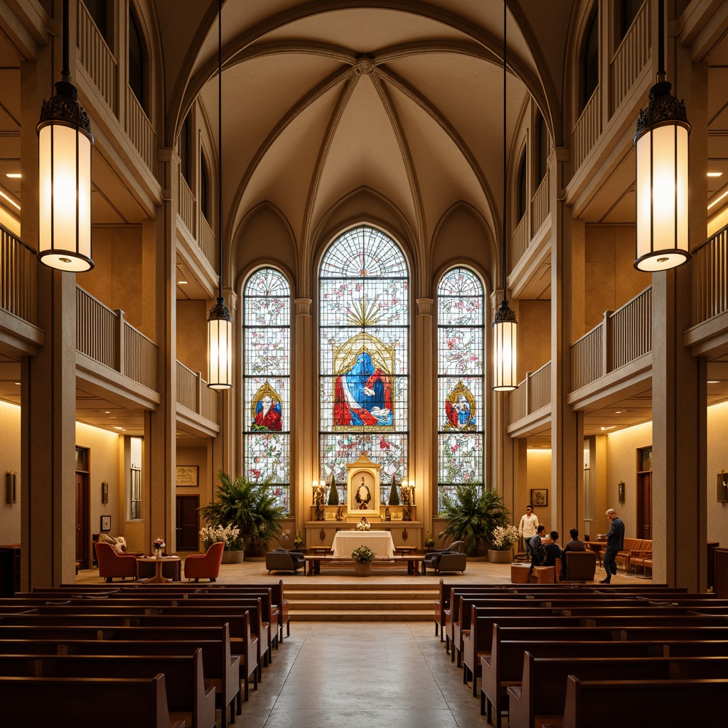 Prompt: Elegant church interior, high ceiling, stunning stained glass windows, soft warm lighting, subtle color temperature, ornate chandeliers, classic lanterns, sleek pendant lights, ambient uplighting, decorative sconces, LED candles, peaceful atmosphere, grandiose architecture, traditional design, warm beige tones, rich wood accents, comfortable seating areas, quiet reflection spaces.