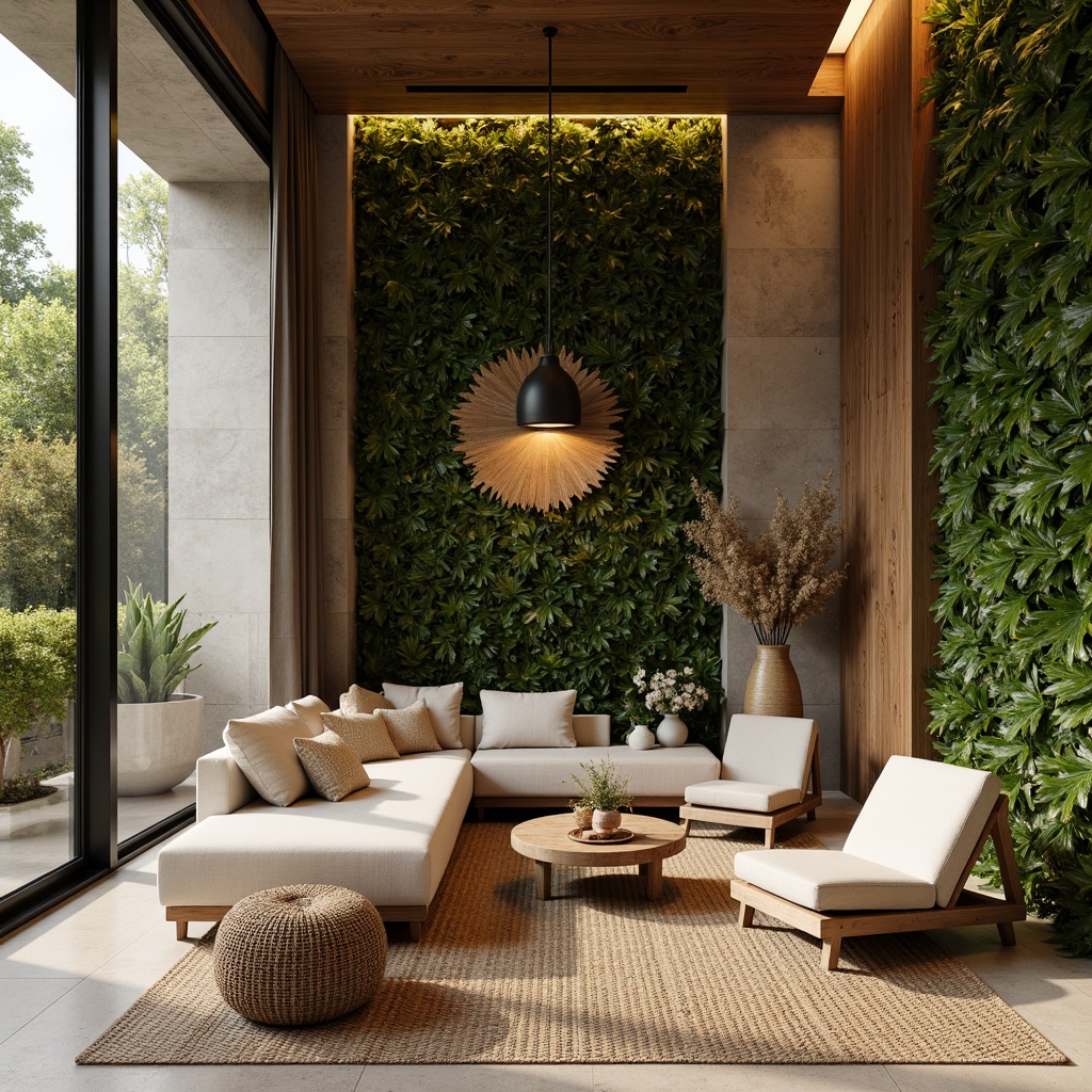 Prompt: Organic shapes, reclaimed wood accents, living green walls, natural stone floors, earthy color palette, bamboo furniture, woven textiles, rattan decorations, botanical patterns, warm ambient lighting, shallow depth of field, 1/1 composition, realistic textures, ambient occlusion, serene atmosphere, organic forms, handcrafted details, minimalist decor, sustainable design solutions.