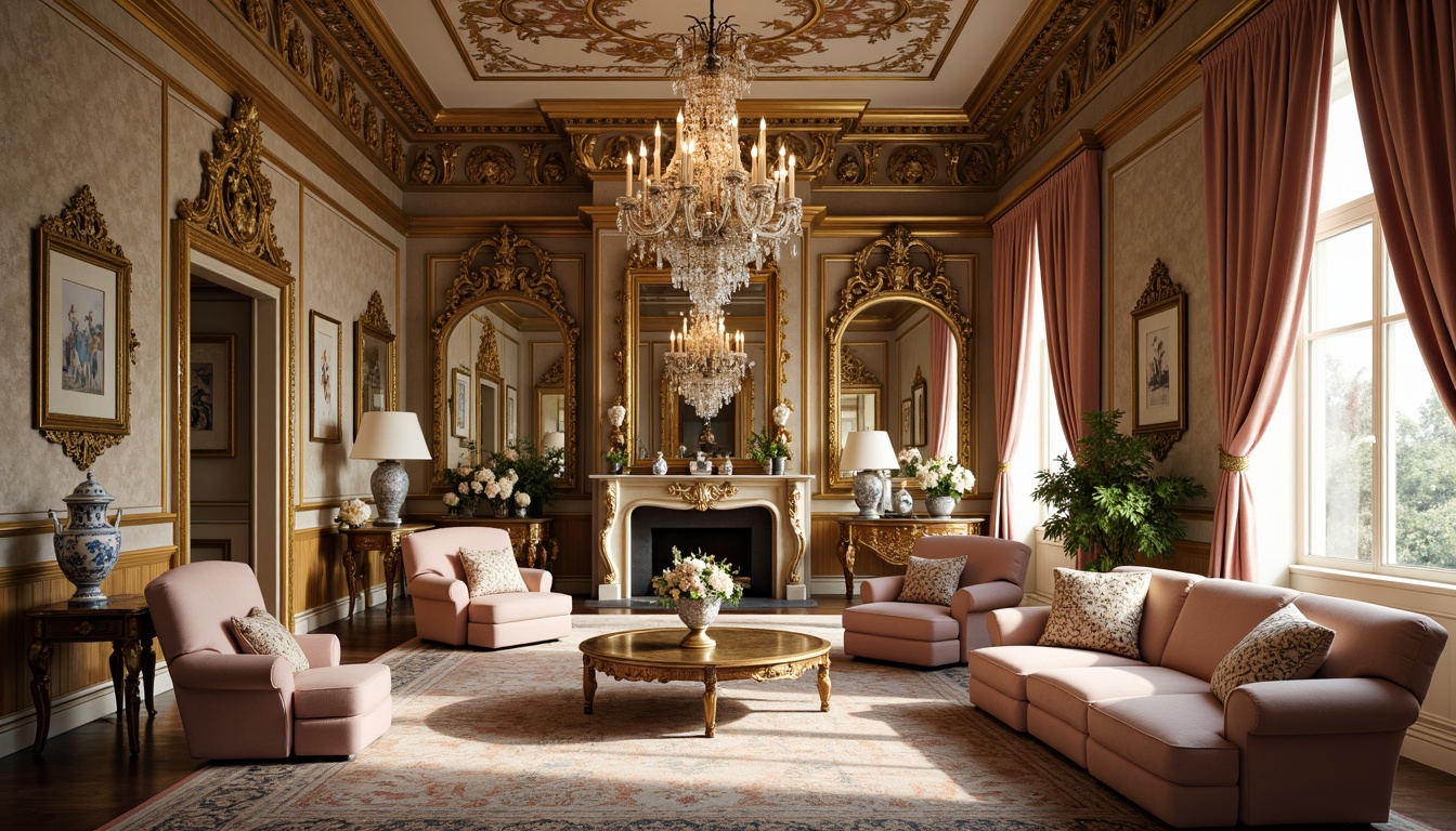 Prompt: Opulent Rococo living room, intricately carved wooden furniture, gilded gold leaf accents, velvet upholstery, ornate mirrors, crystal chandeliers, lavish drapery, soft pastel colors, delicate porcelain vases, antique decorative objects, luxurious fabrics, curved lines, whimsical patterns, highly ornamental details, warm golden lighting, 1/1 composition, dramatic shadows, realistic textures, ambient occlusion.