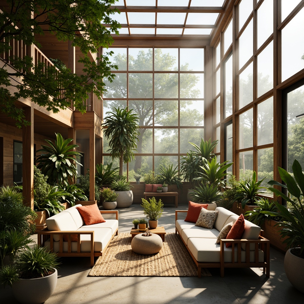 Prompt: Sleek greenhouse interior, modern minimalist furniture, reclaimed wood accents, natural fiber textiles, earthy color palette, lush greenery, tropical plants, warm sunlight, misty atmosphere, soft focus, shallow depth of field, 1/1 composition, realistic plant textures, ambient occlusion.