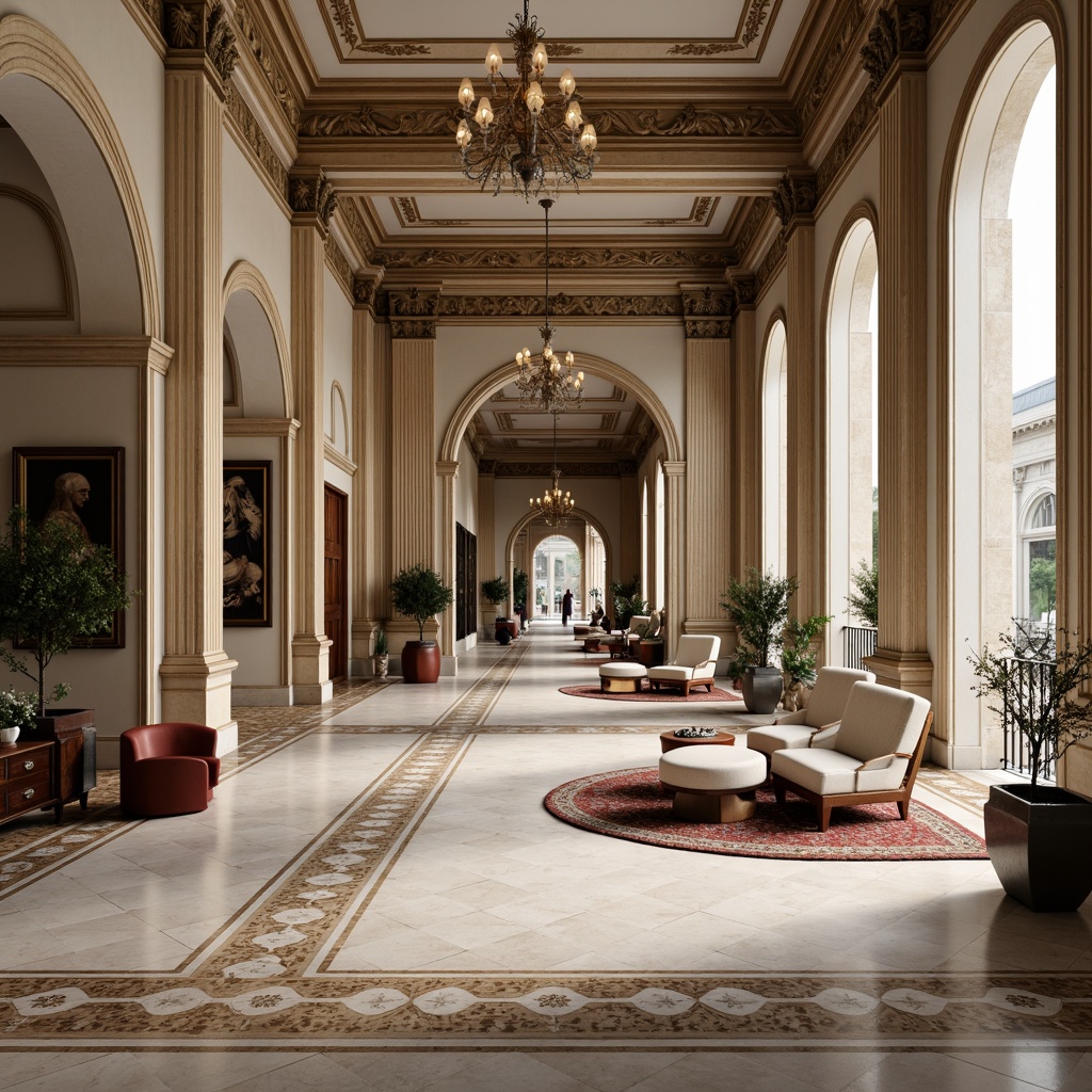 Prompt: Elegant neoclassical interior, marble flooring, intricate inlays, polished hardwood, herringbone patterns, ornate rugs, luxurious textiles, rich wood tones, creamy whites, subtle grays, ornamental borders, classical columns, carved wooden accents, sophisticated chandeliers, soft warm lighting, shallow depth of field, 1/2 composition, realistic textures, ambient occlusion.