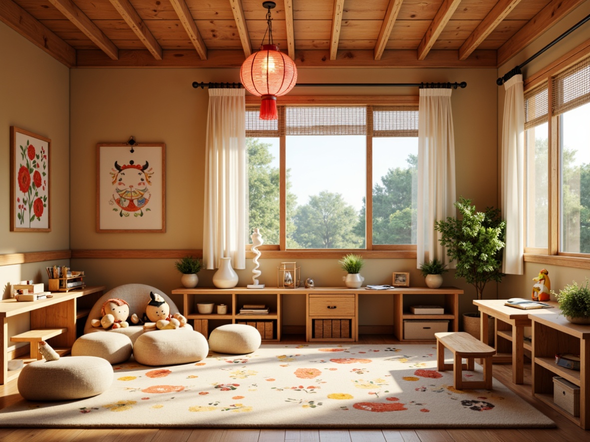 Prompt: Cozy kindergarten interior, warm wooden accents, vibrant colors, playful furniture, rounded edges, soft cushions, educational toys, interactive playsets, Asian-inspired motifs, traditional lanterns, natural materials, woven bamboo textures, gentle lighting, shallow depth of field, 1/1 composition, harmonious color palette, calming atmosphere, minimal ornamentation, functional storage solutions, easy-to-clean surfaces, stimulating learning environments, culturally sensitive design elements.