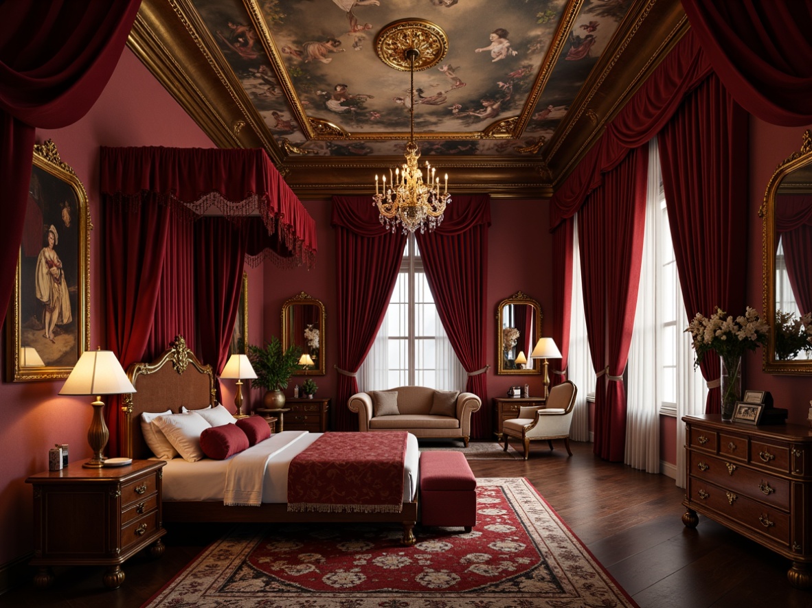 Prompt: Luxurious boudoir, rich velvet drapes, ornate golden frames, intricately carved wooden furniture, plush soft cushions, lavish crystal chandeliers, grandiose four-poster beds, opulent silk fabrics, gilded mirrors, delicate lace trimmings, sweeping archways, dramatic ceiling frescoes, warm candlelight, mysterious shadows, shallow depth of field, 1/1 composition, intimate atmosphere, realistic textures, ambient occlusion.