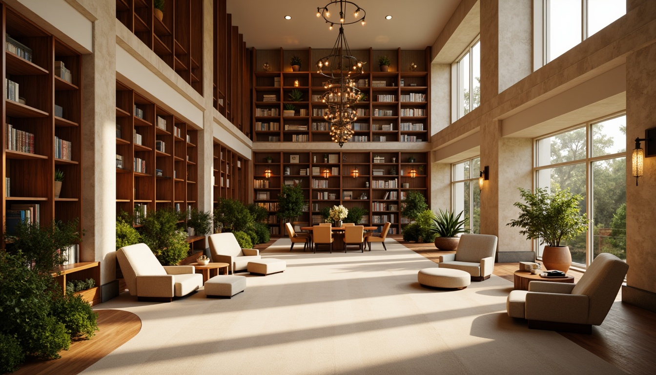 Prompt: Cozy library interior, warm beige walls, rich walnut wood shelves, comfortable reading nooks, plush armchairs, soft cream-colored carpets, calming greenery, natural stone columns, elegant chandeliers, modern minimalist furniture, subtle ambient lighting, warm golden lighting, shallow depth of field, 1/1 composition, realistic textures, ambient occlusion.