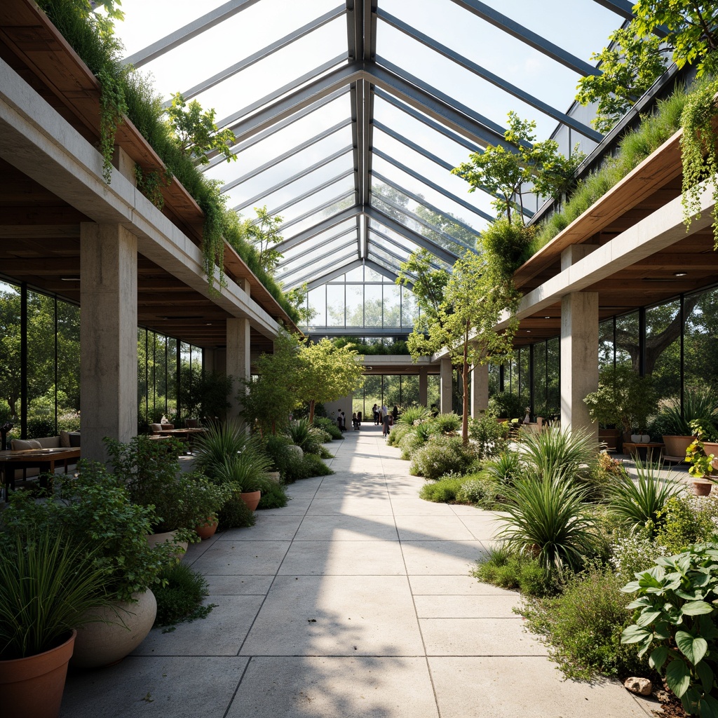 Prompt: Minimalist open space, lush greenery, modern greenhouse architecture, transparent glass roofs, sleek metal frames, industrial pipes, reclaimed wood accents, natural stone flooring, potted plants, hanging botanicals, soft diffused lighting, warm earthy tones, shallow depth of field, 3/4 composition, panoramic view, realistic textures, ambient occlusion.