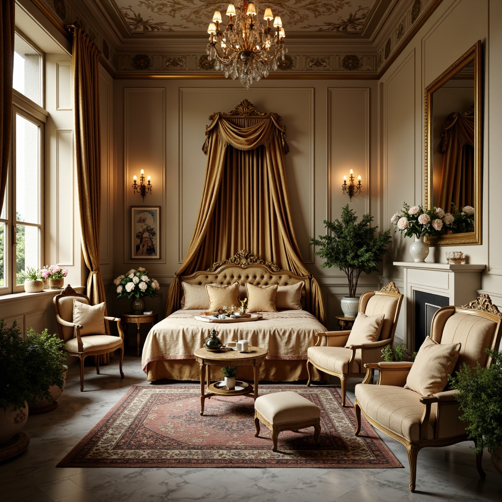 Prompt: Luxurious boudoir, ornate furniture, velvet drapes, golden accents, intricate carvings, marble flooring, soft candlelight, warm beige tones, lavish textiles, ornamental mirrors, gilded frames, delicate porcelain vases, lush greenery, exotic flowers, whimsical patterns, playful Rococo curves, opulent upholstery, rich brocades, subtle sheen, shallow depth of field, 1/2 composition, intimate atmosphere, dramatic lighting.