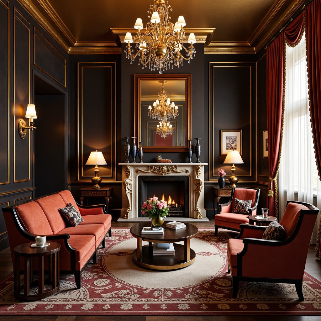 Prompt: Luxurious living room, rich velvet sofa, ornate wooden armchairs, geometric patterned rugs, metallic side tables, crystal chandeliers, curved lines, bold color schemes, opulent drapery, vintage decorative accents, luxurious fabrics, ebony wood furniture, inlaid mother of pearl, chrome hardware, stepped silhouettes, sunburst motifs, glamorous ambiance, warm golden lighting, 1/1 composition, shallow depth of field, soft focus effect.