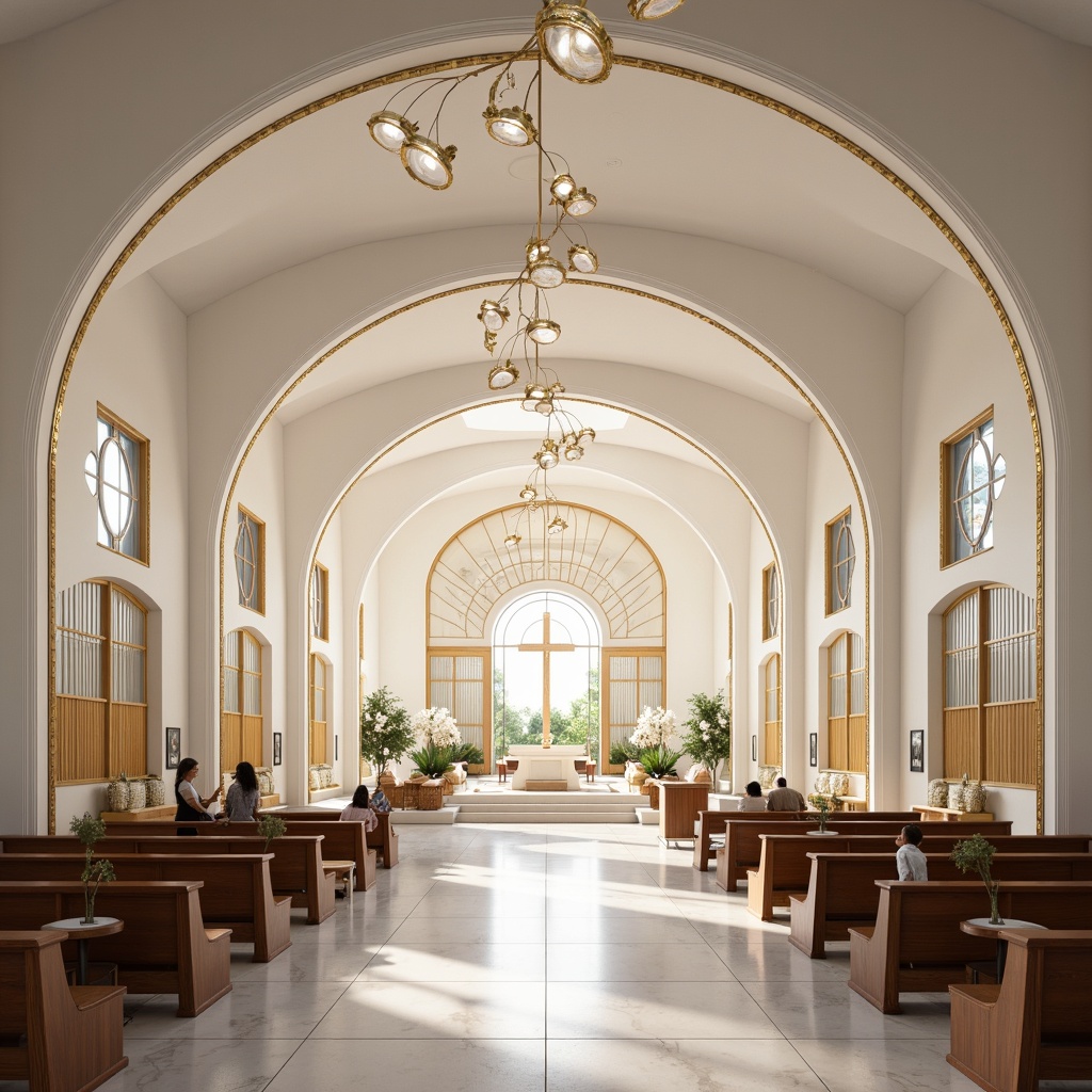 Prompt: Sleek white marble floors, minimalist ornate details, flowing curved lines, grandiose high ceilings, stained glass windows, subtle ambient lighting, soft warm color palette, calming atmosphere, peaceful ambiance, modern spiritual sanctuaries, futuristic pulpits, sleek metal accents, polished chrome fixtures, elegant wooden pews, lavish velvet drapes, intricate geometric patterns, ornate gold leaf details, subtle texture variations, shallow depth of field, 1/1 composition, symmetrical framing, warm golden lighting, realistic reflections.