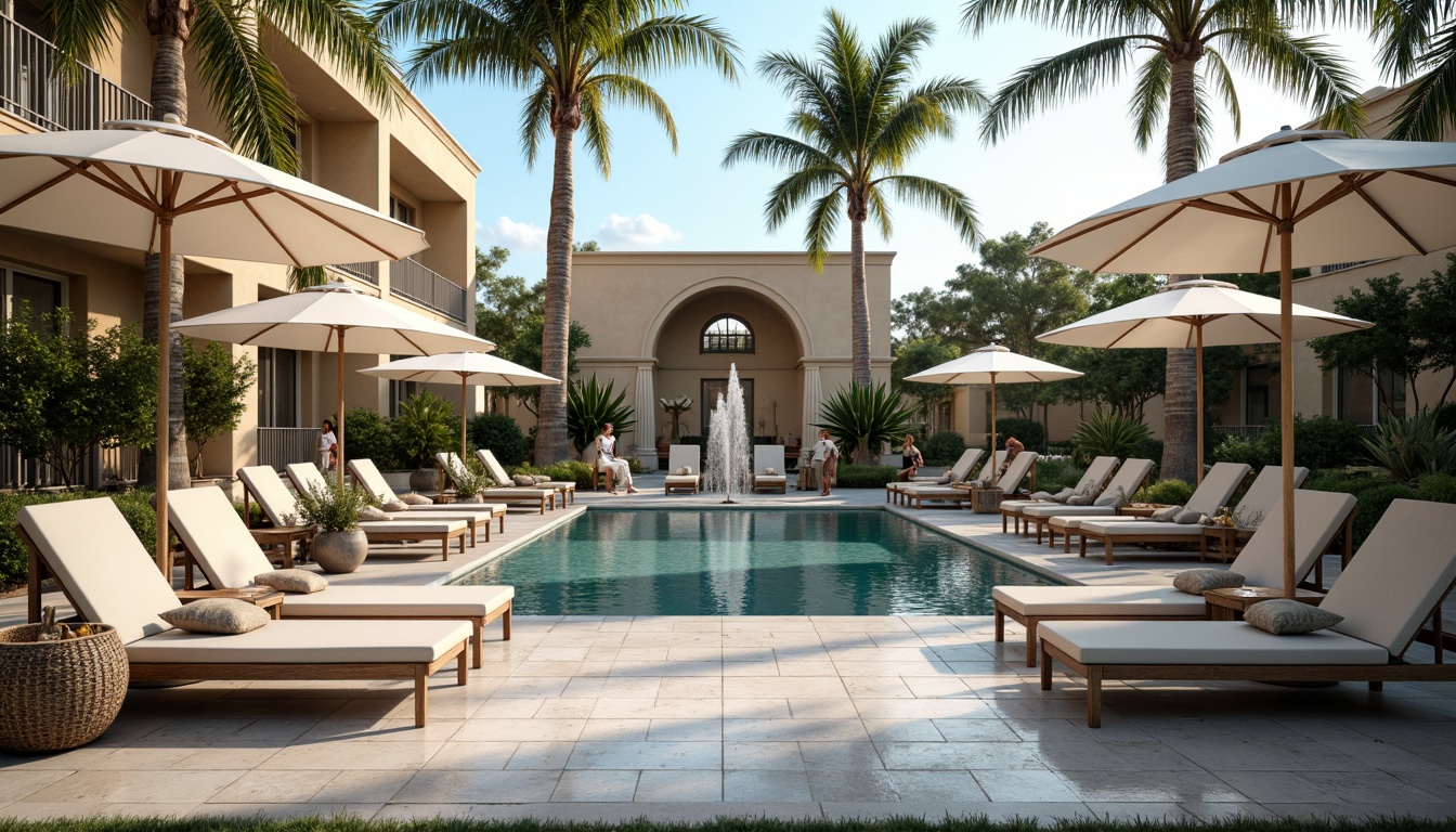 Prompt: Elegant poolside lounge chairs, ornate metal frames, plush velvet cushions, rich wood accents, antique bronze hardware, sophisticated neutral tones, subtle patterned umbrellas, refined stone paving, ornamental fountains, majestic palm trees, warm sunny day, soft natural lighting, 1/1 composition, symmetrical framing, realistic water reflections.