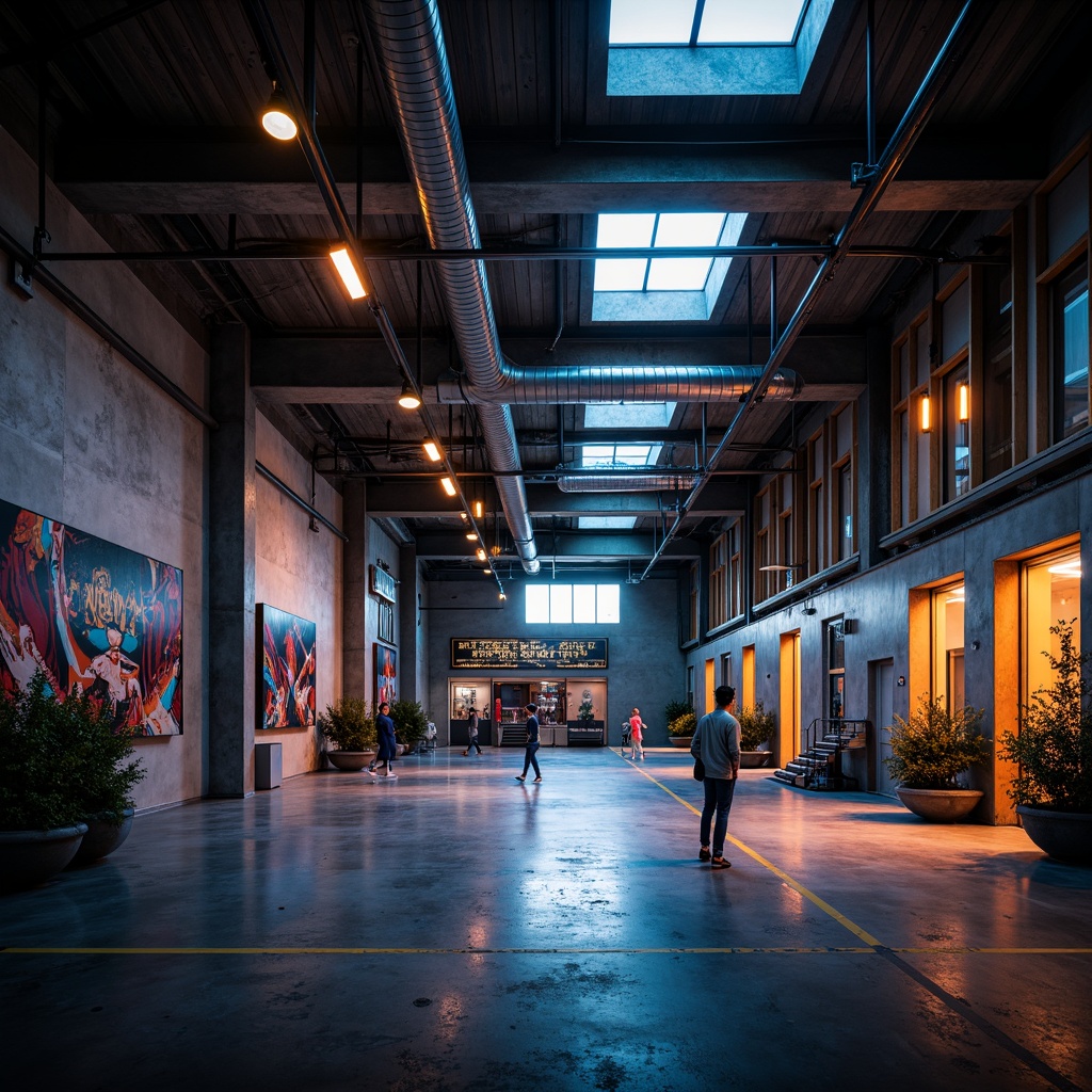 Prompt: Moody gymnasium interior, industrial postmodernist architecture, exposed ductwork, concrete floors, metal beams, neon-lit corridors, dramatic shadows, warm color temperature, high-contrast lighting, spotlights on athletic equipment, diffused natural light, overhead skylights, LED strip lights, urban loft-inspired design, reclaimed wood accents, bold graphic patterns, abstract art installations, dynamic camera angles, low-key lighting, cinematic atmosphere, realistic renderings, subtle ambient occlusion.