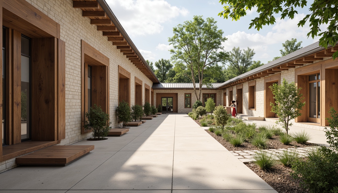 Prompt: Durable school building, natural stone walls, weathered wooden doors, corrugated metal roofs, insulated glass windows, eco-friendly roofing materials, sustainable wood flooring, low-maintenance exterior finishes, durable concrete foundations, textured brick facades, modern minimalist design, abundant natural light, soft warm lighting, shallow depth of field, 3/4 composition, realistic textures, ambient occlusion.