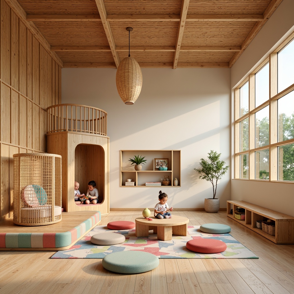 Prompt: Minimalist kindergarten interior, natural wood tones, soft pastel colors, woven bamboo textures, circular play structures, cozy reading nooks, vibrant cultural patterns, traditional Asian motifs, low-seating tables, cushioned stools, educational wall decals, interactive sensory displays, gentle warm lighting, shallow depth of field, 1/1 composition, intimate atmosphere, realistic wood grain, ambient occlusion.