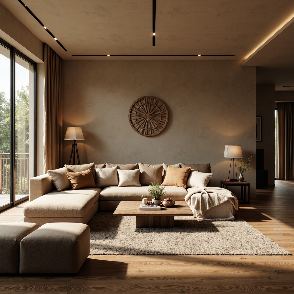 Prompt: Cozy living room, plush throw blankets, soft velvety couches, warm beige walls, natural wood flooring, modern minimalist decor, ambient dim lighting, 1/1 composition, intimate atmosphere, inviting textures, subtle patterns, calming color palette, comfortable seating areas, functional storage solutions, ergonomic design, luxurious fabrics, rich wood accents, floor-to-ceiling windows, abundant natural light.