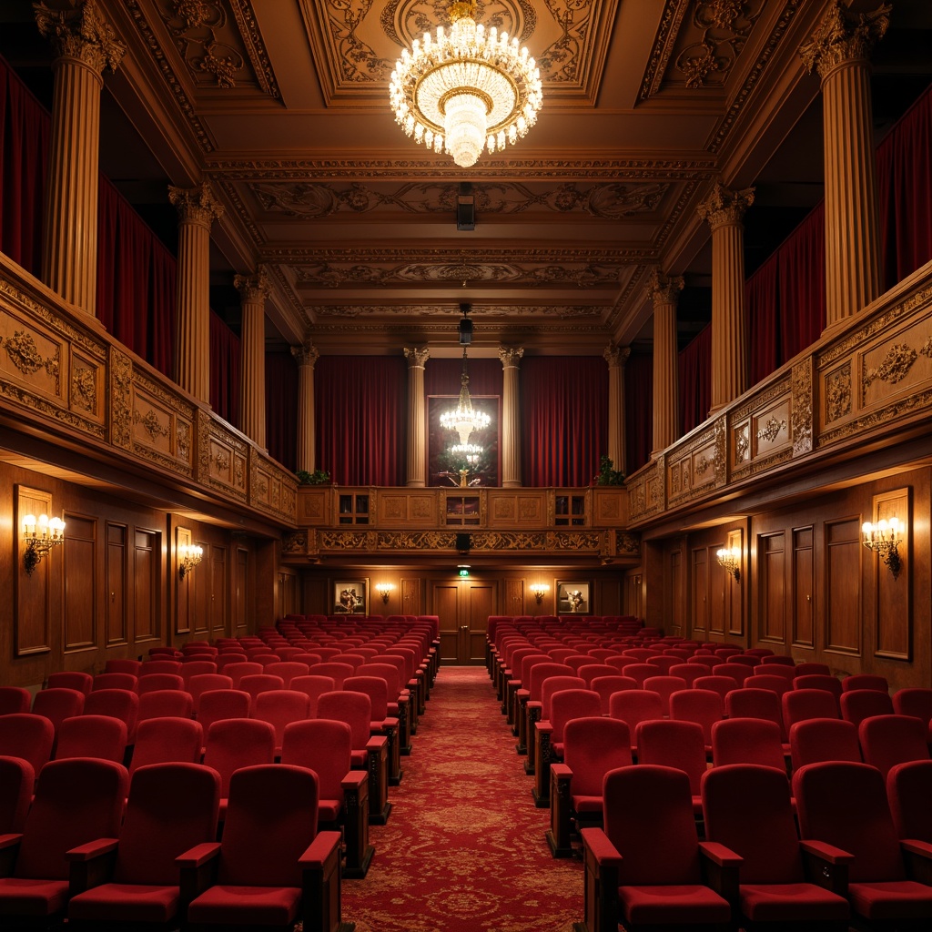 Prompt: Elegant auditorium, plush red velvet seats, ornate golden armrests, intricate carvings, grand chandeliers, high ceilings, luxurious curtains, rich wood paneling, classic Roman columns, symmetrical architecture, dramatic spotlights, soft warm lighting, shallow depth of field, 3/4 composition, realistic textures, ambient occlusion.