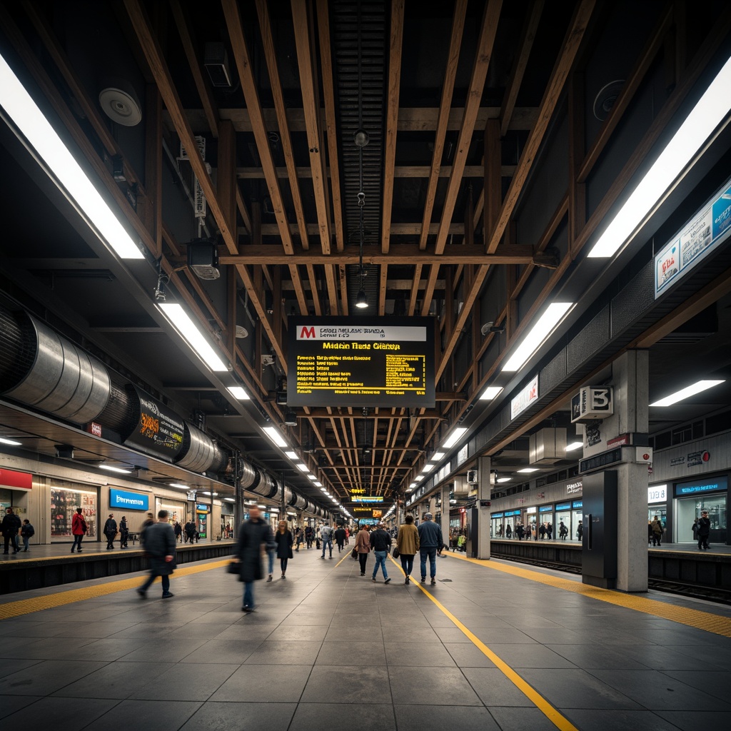 Prompt: Urban metro station, industrial aesthetic, exposed steel beams, concrete floors, metal columns, modern LED lighting, sleek signage, futuristic ticketing systems, bustling crowd, rush hour atmosphere, warm color palette, shallow depth of field, 1/2 composition, low-angle shot, dramatic shadows, realistic textures, ambient occlusion.