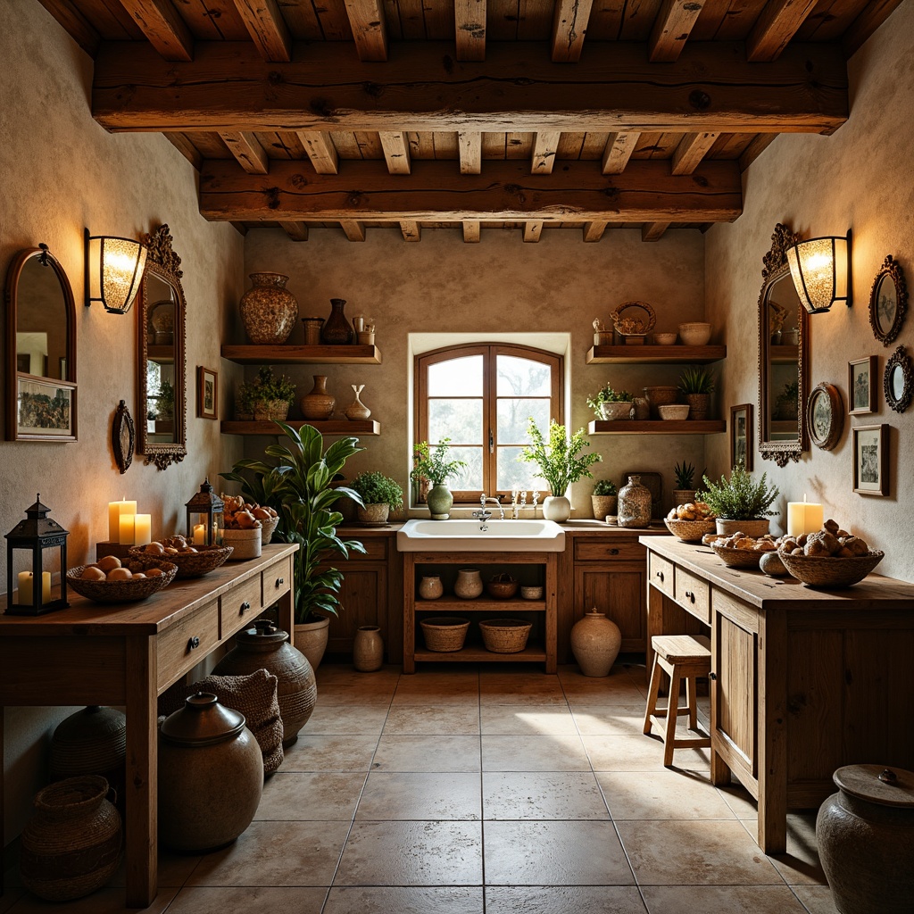 Prompt: Rustic storage room, distressed wood shelves, vintage metal lanterns, warm soft lighting, candles, woven baskets, natural stone walls, earthy tones, floral patterns, antique furniture pieces, ornate mirrors, dimmable pendant lights, cozy atmosphere, warm beige colors, traditional country style, wooden beams, rustic chandeliers, frosted glass fixtures, ambient glow, 1/1 composition, shallow depth of field.