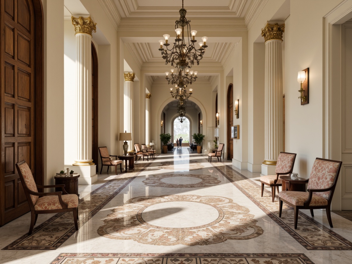 Prompt: Intricate marble floors, herringbone parquet patterns, polished wood surfaces, luxurious carpets, ornate rugs, classical columnar structures, grand chandeliers, soft cream-colored walls, elegant furnishings, refined textures, warm ambient lighting, subtle shading, 1/1 composition, symmetrical arrangement, realistic reflections.