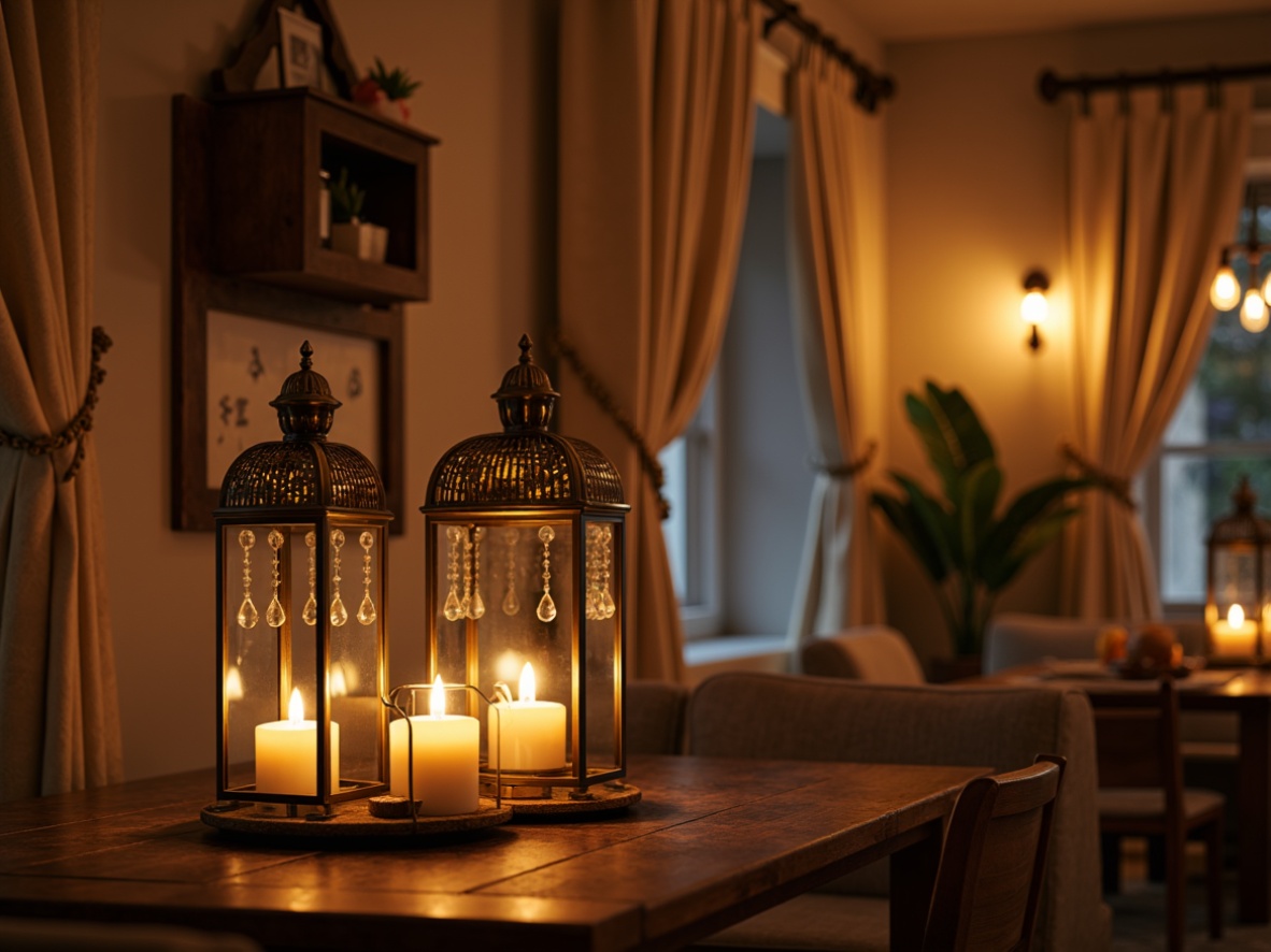 Prompt: Warm candle lanterns, soft glowing pendant lights, vintage metal chandeliers, rustic wooden sconces, delicate crystal drops, luxurious velvet drapes, intimate cozy atmosphere, warm beige tones, rich wood accents, ornate metalwork, subtle warm glow, relaxing ambient lighting, 1/1 composition, shallow depth of field, realistic textures, ambient occlusion.