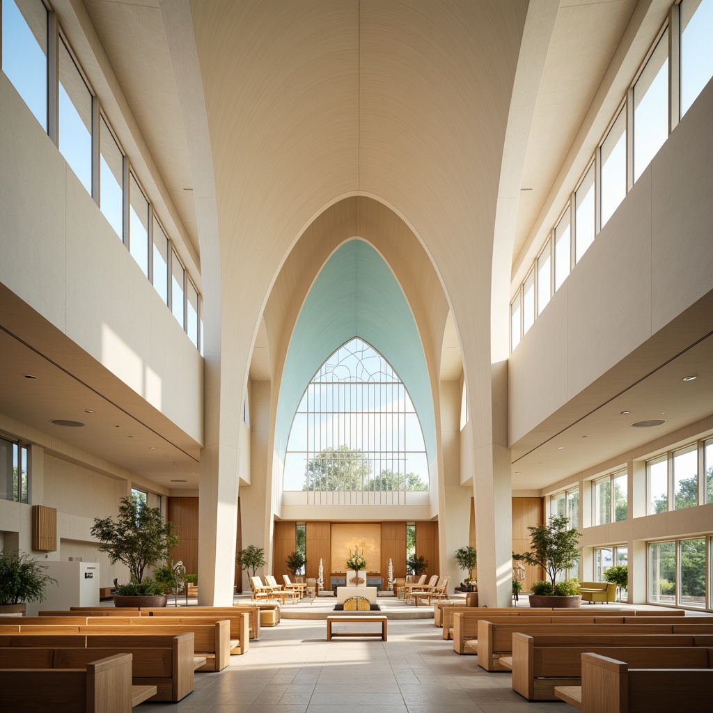 Prompt: Sleek modern church, curved lines, minimalist decor, soft warm lighting, calming atmosphere, natural stone floors, light wood accents, cream-colored walls, subtle gold trim, stained glass windows, abstract geometric patterns, gentle color transitions, soothing pastel hues, pale blue ceilings, ivory pillars, elegant archways, serene ambiance, shallow depth of field, 3/4 composition, realistic textures, ambient occlusion.Note