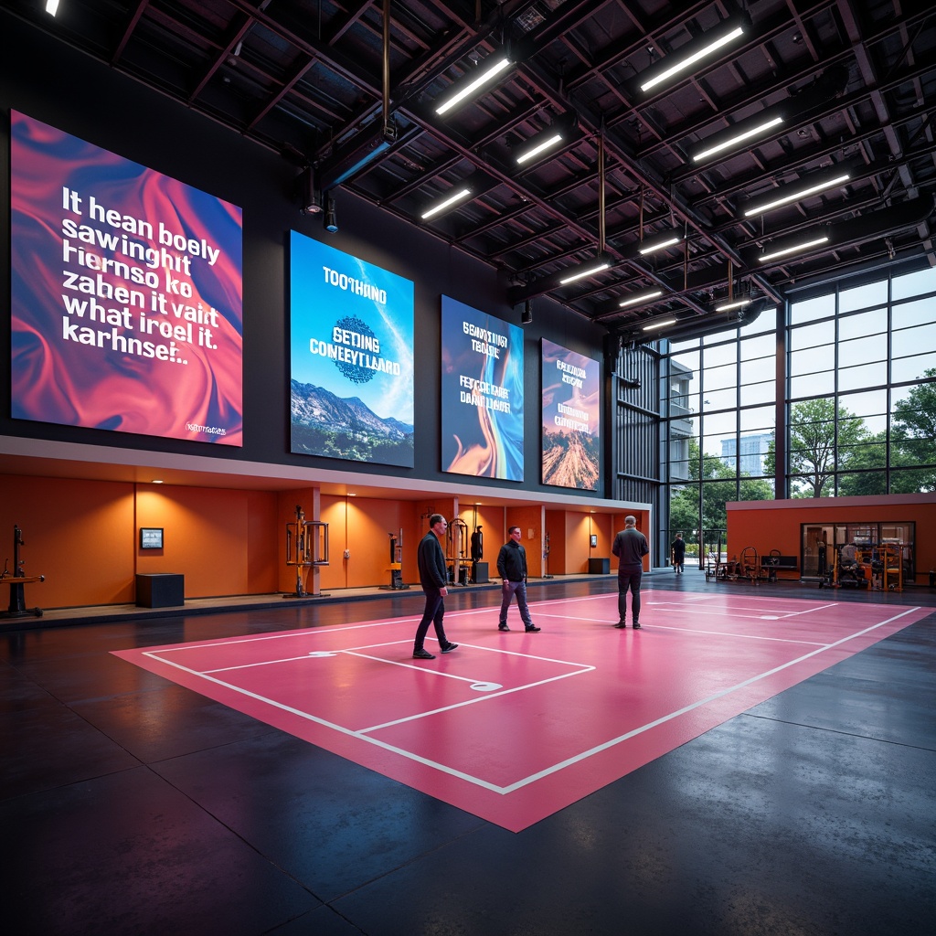 Prompt: Vibrant gymnasium, dynamic sports equipment, motivational quotes, high-intensity spotlights, soft warm ambient lighting, 3/4 composition, shallow depth of field, realistic textures, atmospheric occlusion, energetic color palette, bold architectural lines, modern metallic materials, sleek minimalist design, functional layout, invigorating morning light, refreshing natural ventilation.