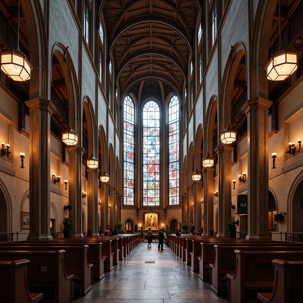 Prompt: Elegant cathedral, stained glass windows, ornate wooden pews, vaulted ceilings, grandiose chandeliers, suspended lanterns, modern minimalist lighting, sleek metal sconces, subtle LED accents, ambient warm glow, softbox lighting, dramatic high contrast, symmetrical composition, 1/1 aspect ratio, shallow depth of field, realistic materials, intricate architectural details, subtle spiritual symbols.