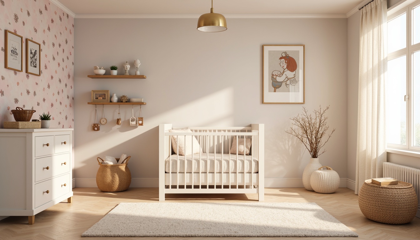 Prompt: Soft pastel colors, plush area rug, minimalist crib, gentle curve lines, creamy white furniture, delicate mobiles, subtle patterned bedding, warm golden lighting, natural wood accents, botanical wallpaper, whimsical wall art, dainty decorative shelves, soft focus photography, 1/1 composition, romantic ambiance, cozy textiles, gentle color palette.