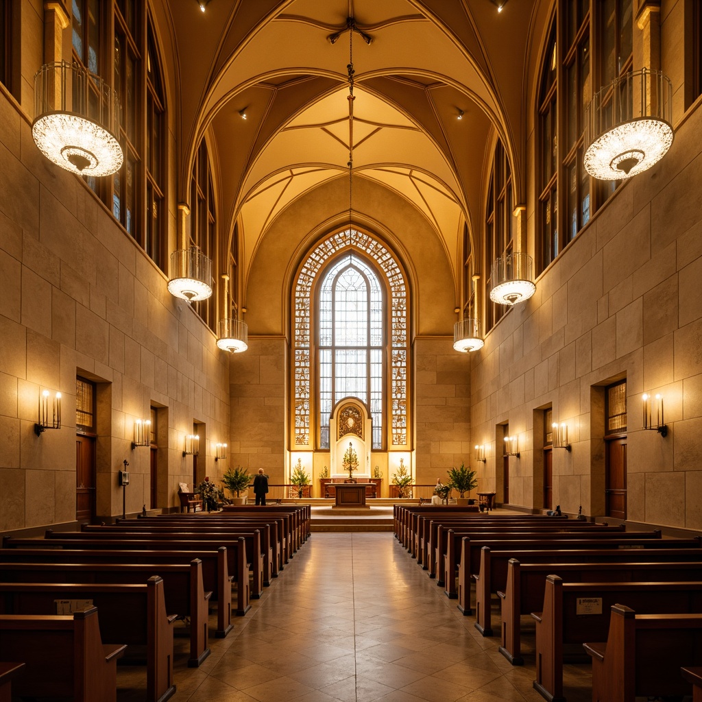 Prompt: Elegant chapel interior, Art Deco details, geometric patterns, warm golden lighting, ornate chandeliers, modern sconces, minimalist pendant lights, subtle LED accents, sleek metal fixtures, curved lines, flowing arches, grand altar, stained glass windows, natural stone walls, polished wooden pews, serene ambiance, soft warm glow, shallow depth of field, 1/1 composition, realistic textures, ambient occlusion.