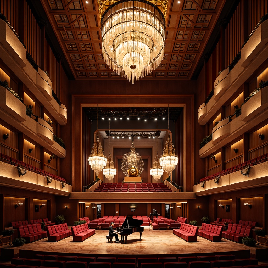 Prompt: Intimate concert hall, ornate chandeliers, rich wood paneling, plush crimson seating, polished marble flooring, grand pianos, intricate soundproofing, curved acoustic walls, suspended ceiling arrays, state-of-the-art audio equipment, professional lighting rigs, dramatic spotlights, warm ambient glow, soft velvety drapes, subtle echo reduction, optimal reverberation time, immersive surround sound, high-fidelity acoustics, elegant balconies, refined architectural details, sophisticated interior design, luxurious VIP areas, backstage amenities, green rooms, spacious loading docks.