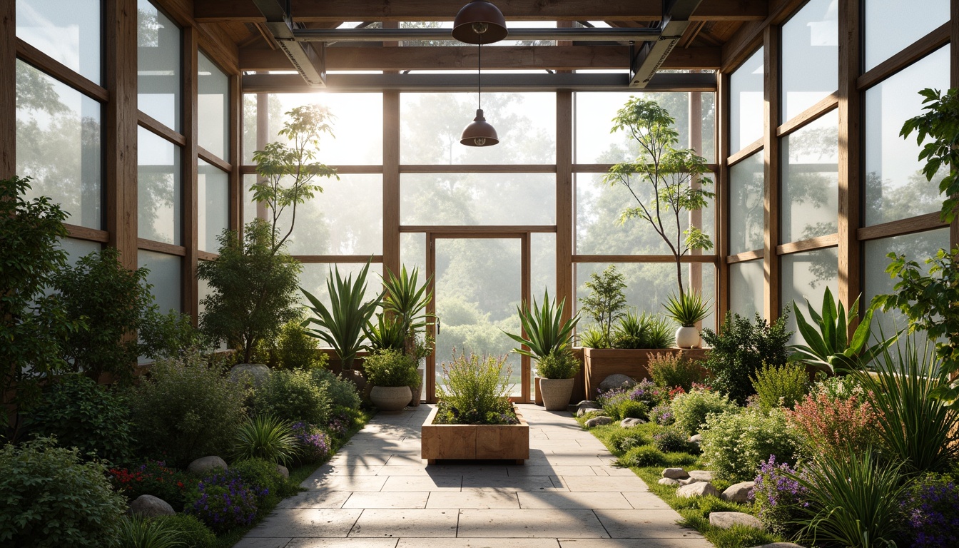 Prompt: Minimalist greenhouse, transparent glass walls, lush greenery, natural stone floors, reclaimed wood accents, industrial metal beams, sleek modern lines, abundant natural light, soft warm tones, subtle shading, 1/1 composition, realistic textures, ambient occlusion, misty atmosphere, serene ambiance, verdant plants, thriving flowers, vibrant botanicals, rustic wooden planters, weathered steel decorations, earthy color palette, organic shapes, free-flowing spaces.