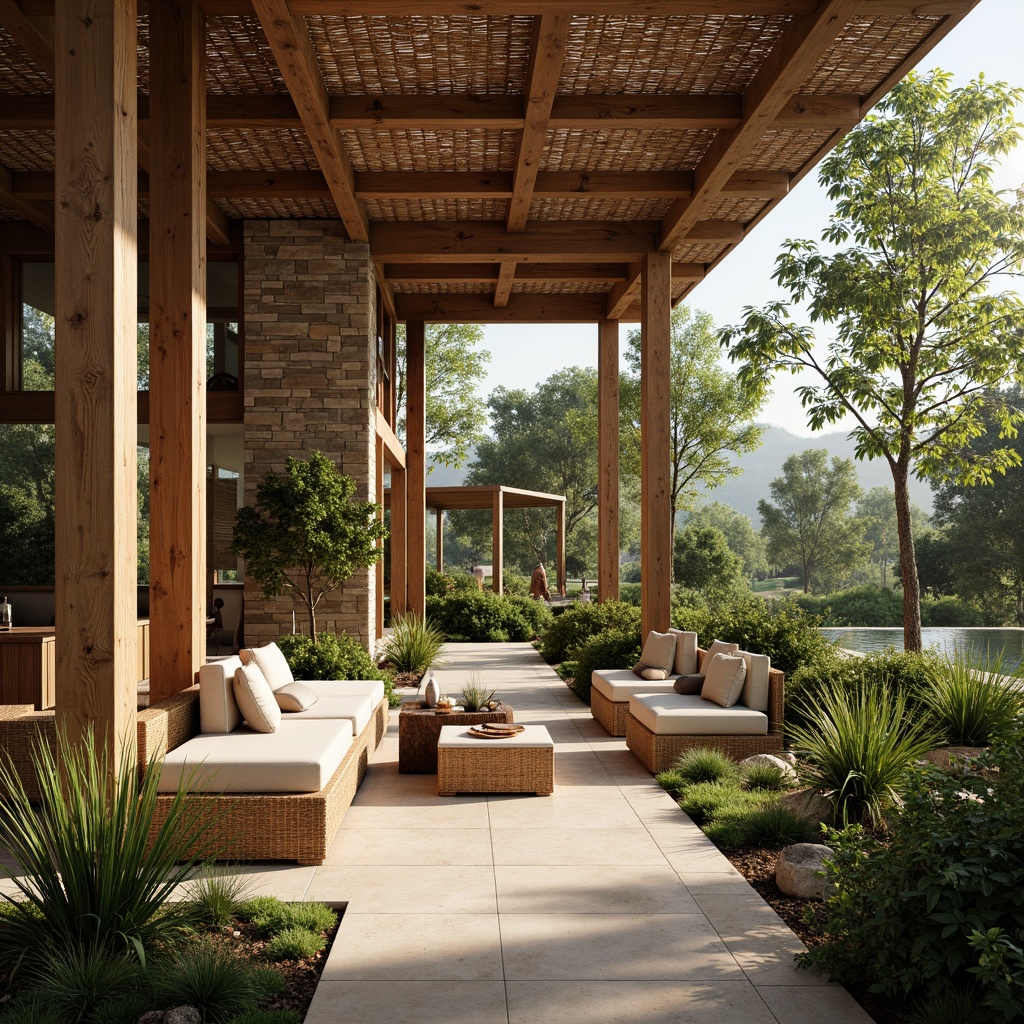 Prompt: Organic forms, reclaimed wood accents, natural stone walls, earthy color palette, woven textiles, rattan furniture, living green roofs, botanical gardens, warm sunlight, soft shadows, shallow depth of field, 3/4 composition, panoramic view, realistic textures, ambient occlusion.