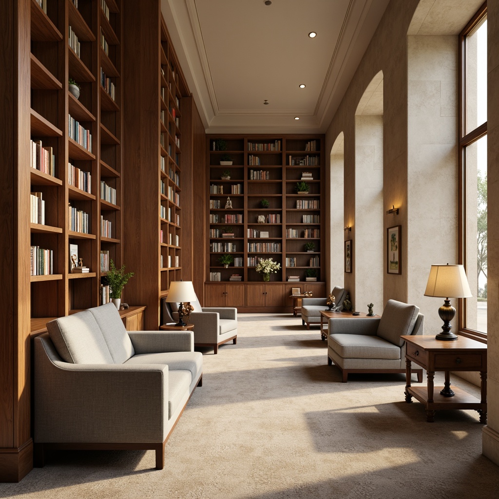 Prompt: Calming library atmosphere, warm beige walls, rich walnut wood accents, comfortable reading nooks, plush carpet flooring, soft golden lighting, elegant wooden shelves, classic book collections, vintage reading lamps, sophisticated grey furniture, natural stone columns, subtle texture variations, harmonious color scheme, earthy tones, muted pastels, creamy whites, balanced composition, shallow depth of field, warm ambient occlusion.