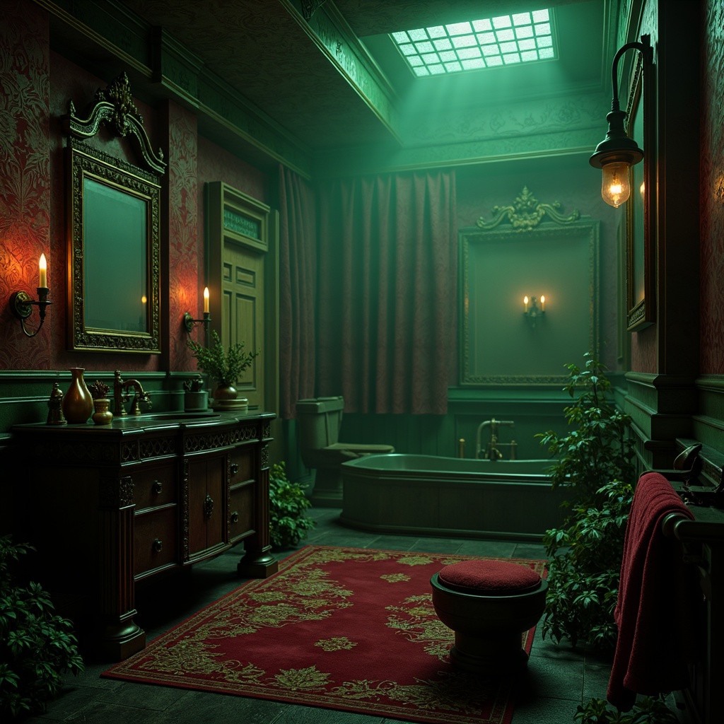 Prompt: Dark mysterious bathroom, gothic architecture, ornate furnishings, rich jewel tones, emerald green walls, crimson red accents, midnight black countertops, antique brass fixtures, mystical candles, foggy misty atmosphere, dramatic dim lighting, eerie shadows, Victorian-inspired patterns, luxurious velvet textiles, intricate stone carvings, mysterious ancient artifacts, abandoned asylum ambiance, haunted mansion feel, horror movie set design, 1/1 composition, ominous low-key lighting, cinematic mood.